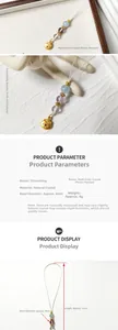 Detail of 8mm natural crystal phone charm with golden lock pendant and size dimensions