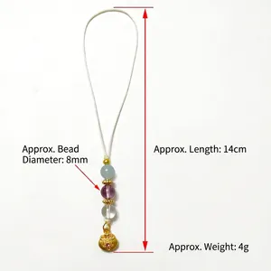 8mm natural crystal phone charm with aquamarine, amethyst and gold Ruyi lock pendant