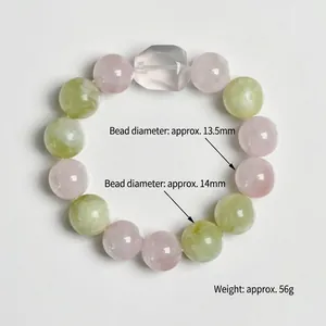 Bracelet en quartz rose 13mm et jade vert clair 14mm, poids 56g, perles rondes