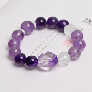 Natural amethyst 12mm bead bracelet with white crystal cubes and silver floral spacers