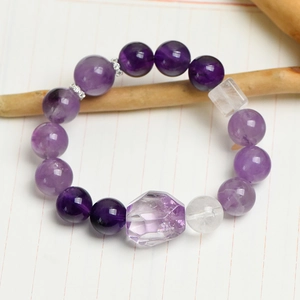 Natural 12mm amethyst round beads and white crystal square beads handmade braided bracelet