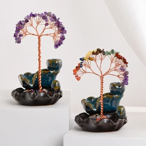 Natural Crystal Tree Of Life Handmade Copper Wire Ornament With Ceramic Lotus Backflow Incense Burner Base Home Office Decor
