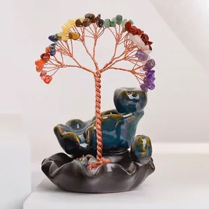 Chakra gemstone money tree incense burner with blue ceramic lotus base and quartz crystals