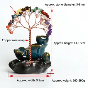Handcrafted colorful crystal money tree with copper wire and ceramic lotus base