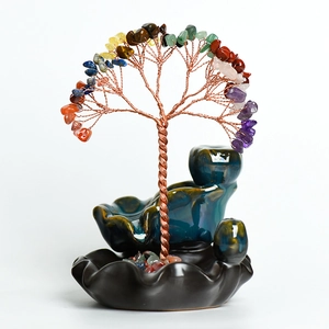 Colorful crystal gemstone tree on ceramic lotus incense burner for office desk decoration
