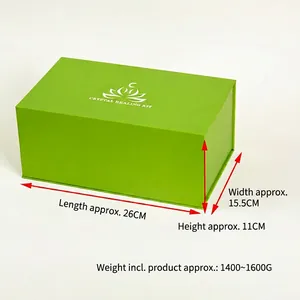 Green crystal healing kit gift box with lotus logo and product dimensions 26x15.5x11cm