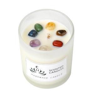Frosted glass scented candle with seven colorful chakra crystals and single cotton wick