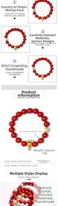 Detailed view of 10mm cinnabar zodiac beads with golden rabbit charm and product specs
