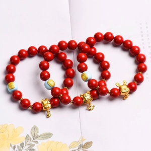 Red Cinnabar Beaded Bracelet With Golden Chinese Zodiac Animal Charm Lucky Fortune Ethnic Jewelry For Women