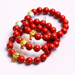 Multilayer red beaded bracelet with gold zodiac charms and lucky rabbit pendant set