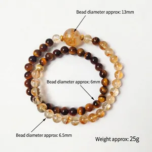 Set of Rutilated Quartz and Tiger's Eye beaded bracelets with 13mm and 6.5mm beads