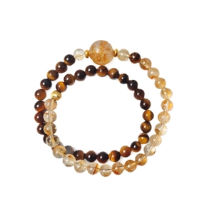 Natural yellow quartz and tiger eye stone beaded bracelet set with high luster beads