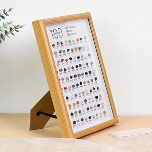 Educational frame with 100 natural crystal mineral specimens and light oak wood frame