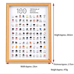 Educational frame with 100 natural crystal mineral specimens and bilingual labels