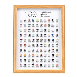 Educational frame with 100 natural mineral specimens and crystal stone samples
