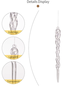 Detail view of twisted clear acrylic icicles with hanging loops for Christmas decor