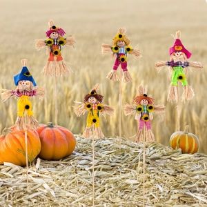 Set of six colorful wooden scarecrow plant markers for Thanksgiving garden decoration