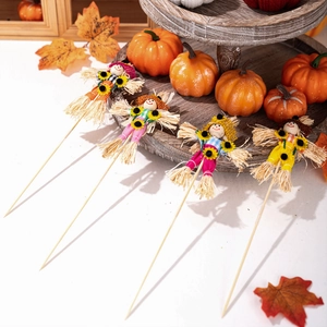Set mit 4 bunten Holz-Vogelscheuchen-Steckern mit herbstlicher Sonnenblumendekoration