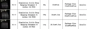 Size chart for acrylic icicle pendants showing dimensions for 5, 6, and 8 inch Christmas decors