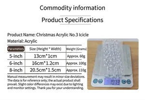 Size chart for acrylic Christmas icicle ornaments with weight and dimension details