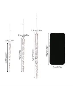 Size comparison chart for clear acrylic icicle ornaments with detailed measurements
