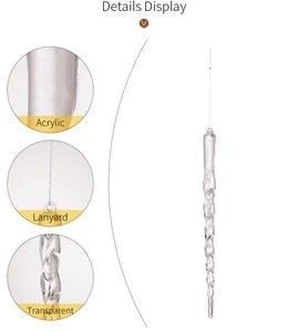 Close-up of a clear acrylic twisted icicle ornament with a lanyard for Christmas decor