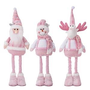 Pink sequin Christmas plush dolls featuring Santa, snowman, and reindeer ornaments