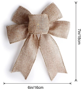 Detail view of 7x6 inch rustic burlap bow with measurement guides for holiday decor