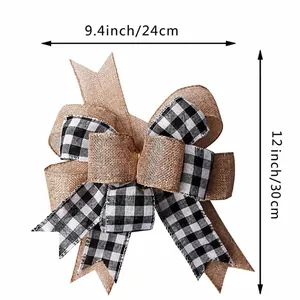 Detailed dimensions of burlap and buffalo plaid bow decoration at 9.4x12 inches