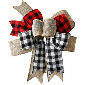 Multi-layer decorative bow with buffalo plaid and burlap ribbons for holiday decor