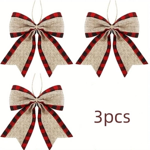 Lot de 3 nœuds de Noël en toile de jute avec bordures à carreaux rouge et noir et cordelettes