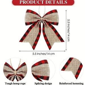 Nœud de Noël de 5,5 pouces en toile de jute à carreaux rouge et noir avec cordelette