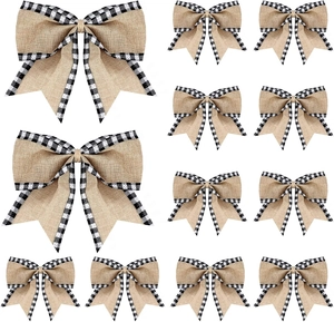 Lot détaillé de 12 nœuds de Noël en jute avec bordure à carreaux noirs et blancs