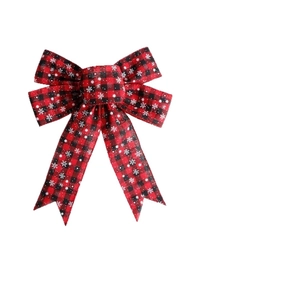 Red and black buffalo plaid Christmas bow with white snowflake prints for tree decoration
