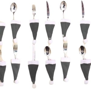 Grey Christmas hat cutlery holder set for holiday table decor with knife fork spoon
