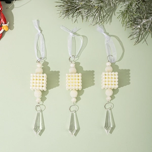 Three-piece pearl-woven square ornaments with multifaceted crystal pendants for Christmas