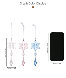 Size display of acrylic snowflake crystal pendants in white, pink, and blue colors