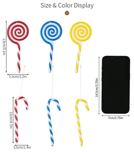 Detailed size display of colorful Christmas candy ornaments showing exact dimensions