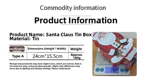 Close-up of a Santa Claus tin box on a digital scale showing weight and dimensions
