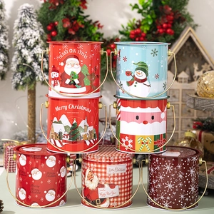 Boîte de Rangement Ronde Portable en Fer-blanc de Noël Avec Couvercle Poignée en Métal Doré Père Noël Bonhomme de Neige Emballage Cadeau pour Bonbons Biscuits Souvenir