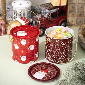 Boîtes de Noël rondes en fer blanc avec poignées, motifs Père Noël et flocons de neige