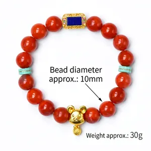 Natural red agate zodiac bracelet with 925 silver mouse pendant and gold plated accents