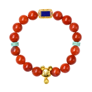Red agate zodiac bracelet with a gold mouse charm and 925 silver beaded details