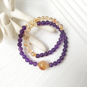 Bracciale a doppio strato in ametista naturale 6mm con accento di citrino e dettagli oro