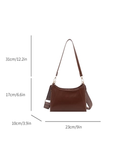 Brown leather crossbody square bag dimensions showing strap height and body width