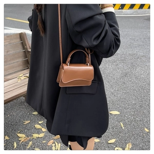 Close-up of a brown mini crossbody bag with a wave flap and leather handle on a park bench