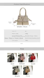 Detailed size chart for French style PU handbag showing dimensions 19x15x8cm and five colors