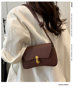 Detail of a brown leather shoulder bag featuring a gold buckle and knotted strap design