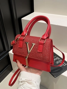 Women Fashion Spliced Glitter Shoulder Bag Small Square Handbag With Metal V-Logo Tassel Pendant Trendy Crossbody Bag