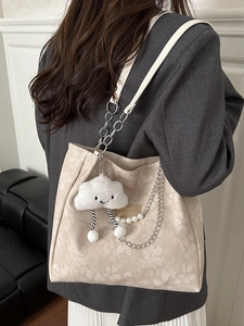 Chic beige jacquard tote bag with silver chain, pearls and cute cloud charm on shoulder